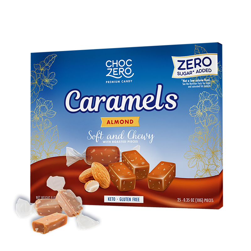 Front package of ChocZero Almond Caramels