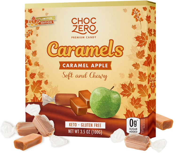 Front package of ChocZero Green Apple Caramels, 3.5 oz