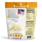A colorful packaging of Ashapops popped water lily seeds features a heartfelt message from a mother and son, with a photo, nutritional facts, and highlights of the product's health benefits.