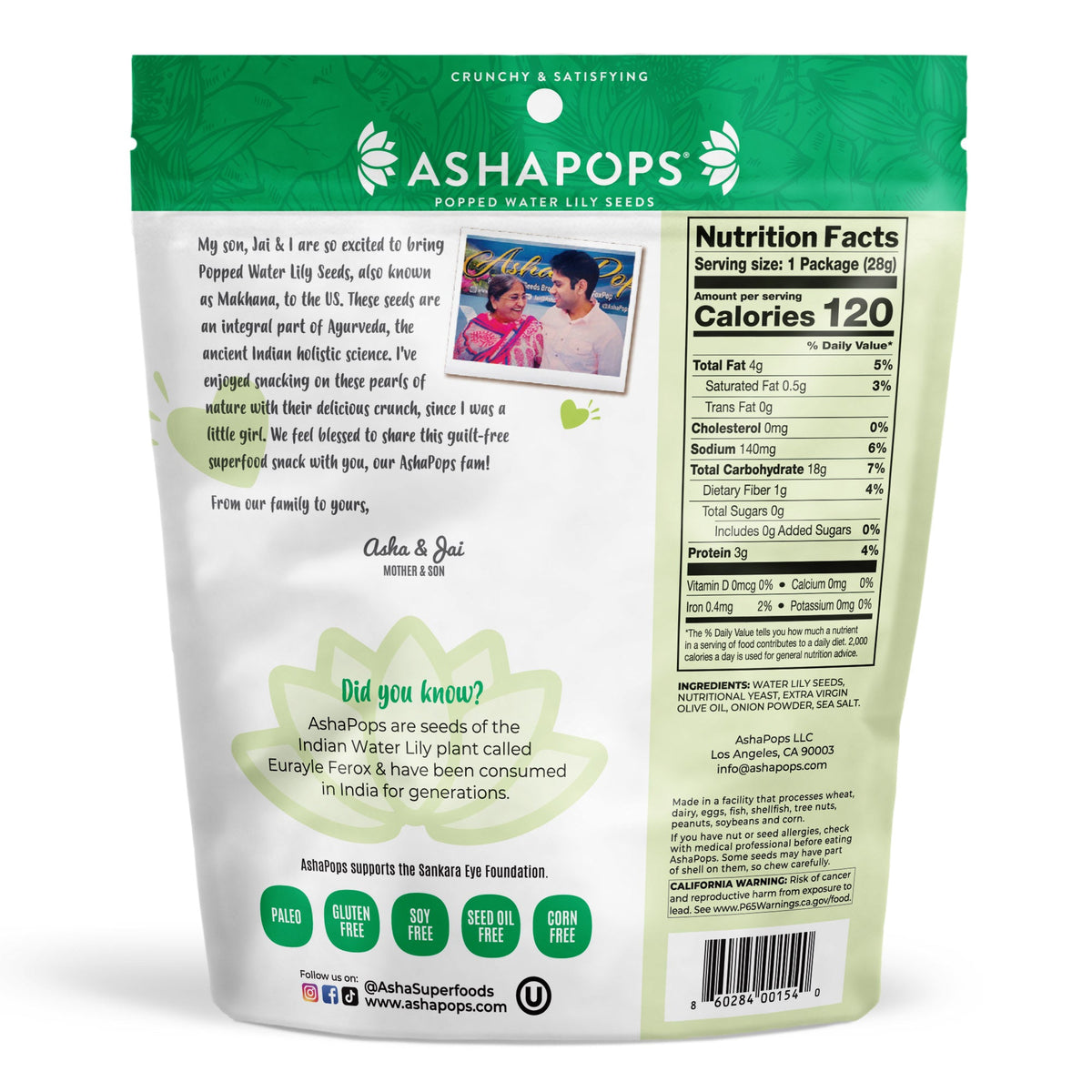 A green package of Ashapops popped water lily seeds features a photo of a mother and son, along with nutritional information and a note about the product's Indian heritage and health benefits.