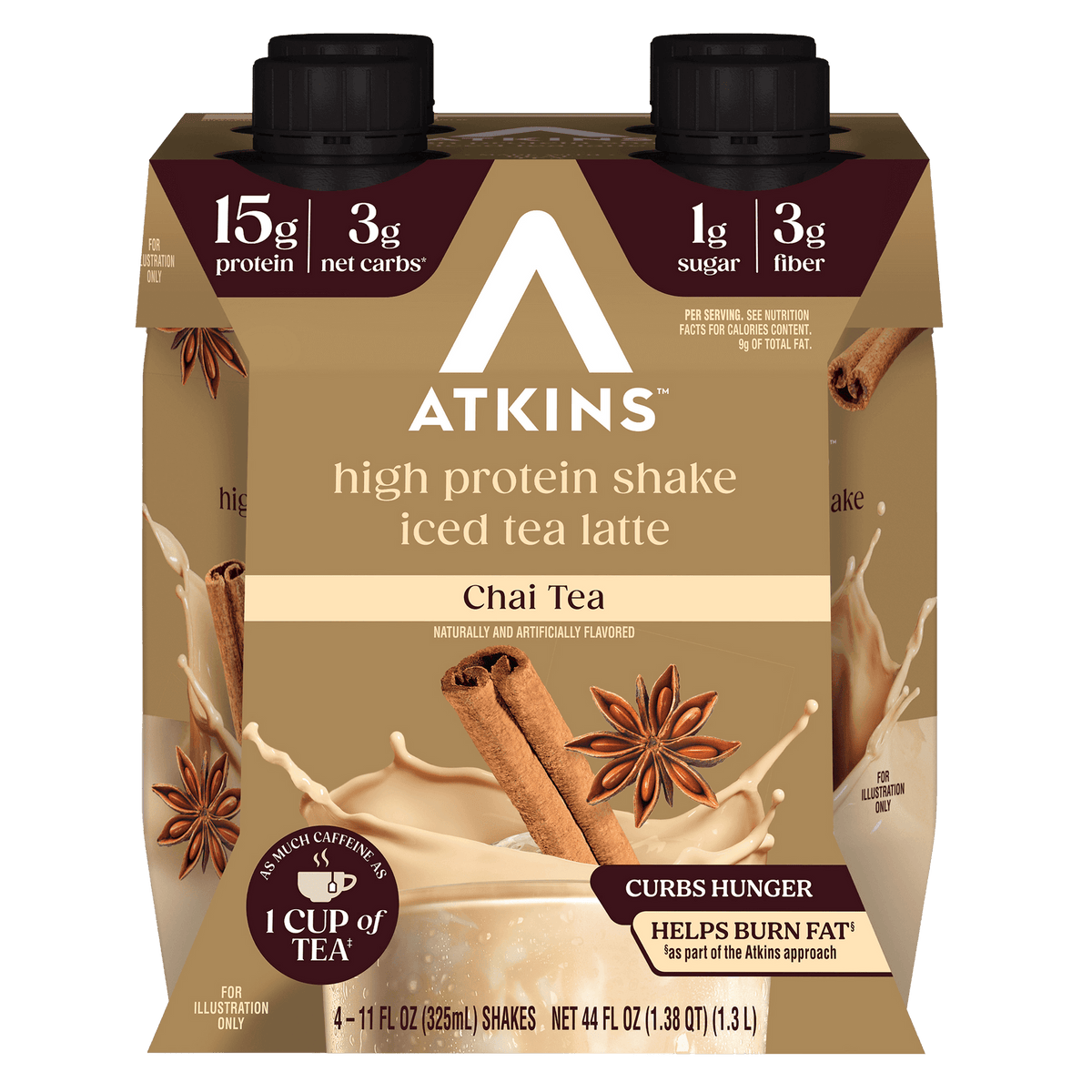 A four-pack of Atkins high protein iced tea latte shakes in chai tea flavor, featuring nutritional information and images of cinnamon sticks and star anise on the packaging.