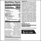 Nutrition facts label detailing ingredients, serving size, and nutritional content for a protein shake, highlighting calories, protein, and various vitamins and minerals.