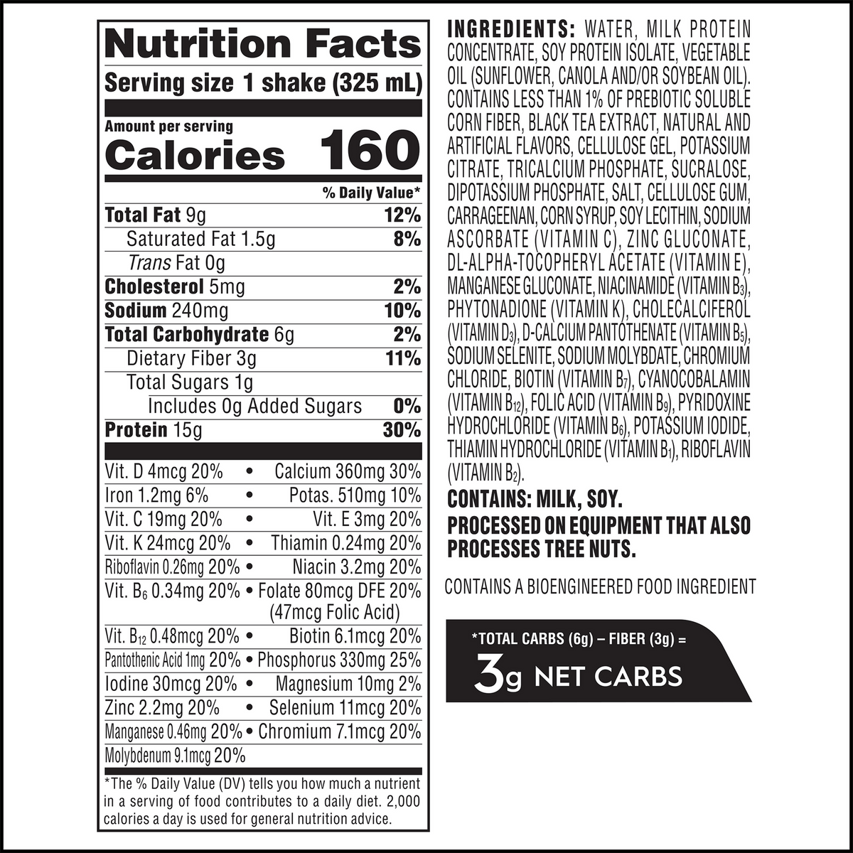 Nutrition facts label detailing ingredients, serving size, and nutritional content for a protein shake, highlighting calories, protein, and various vitamins and minerals.