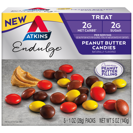Front package of Atkins Nutritionals Endulge Candy Bars, Peanut Butter Candies, 5 packs