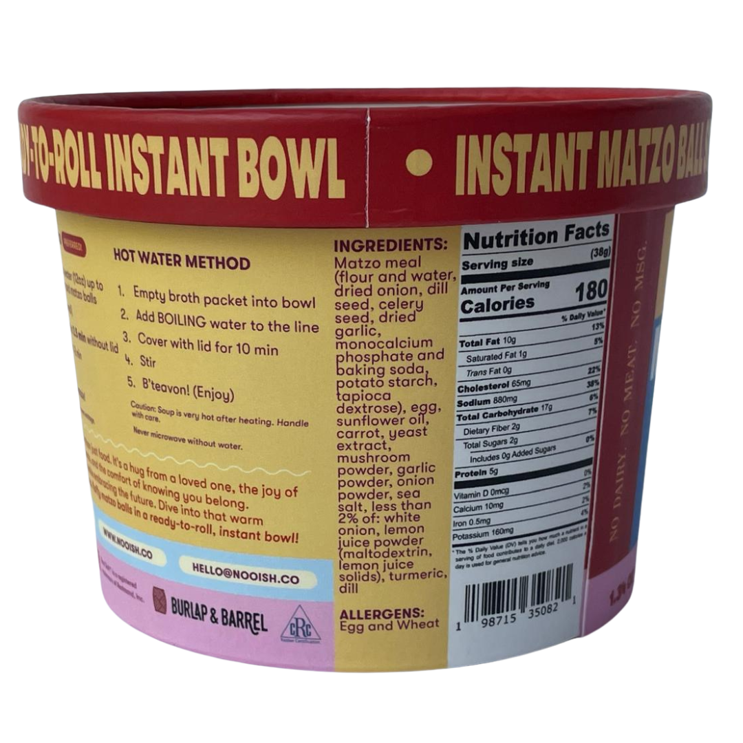 Back of Nooish Instant Matzo Ball Soup packaging