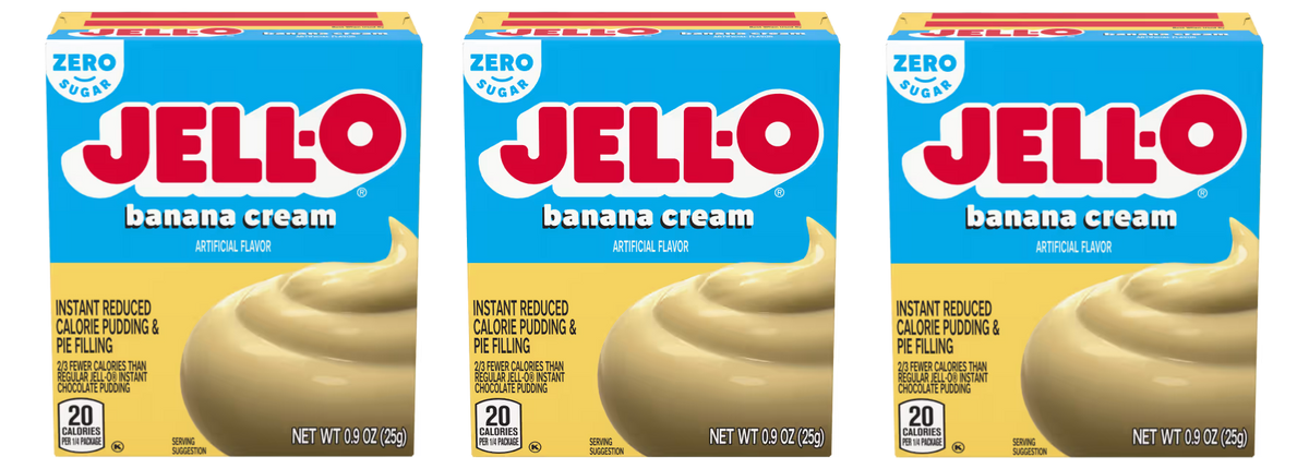 Front package of Jell-O Sugar-Free Instant Pudding, Banana Cream (0.9 oz) / 3-Pack
