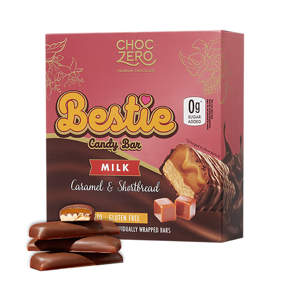 Front package of ChocZero Bestie Milk Chocolate Candy Bar, 8 oz