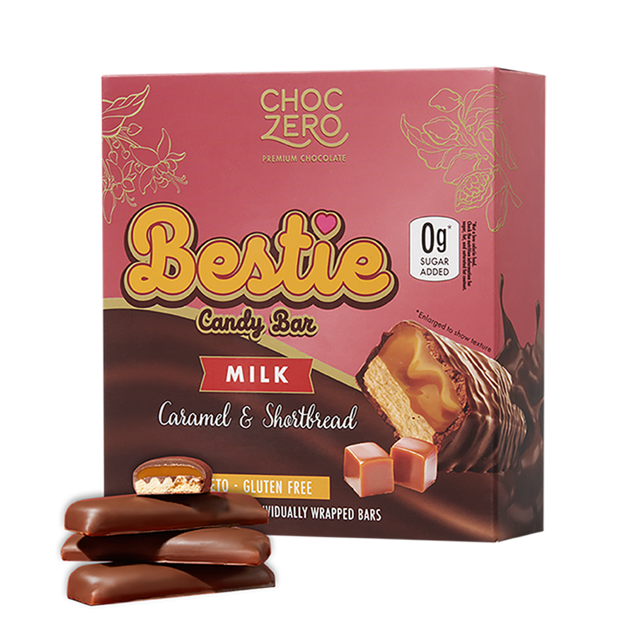 Front package of ChocZero Bestie Milk Chocolate Candy Bar, 8 oz