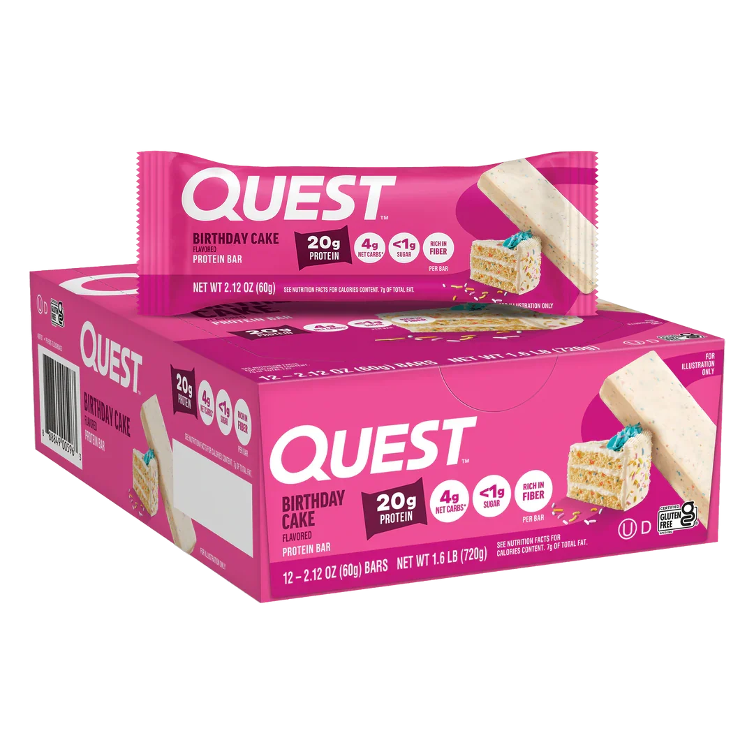 Front package of Quest Protein Bar, Birthday Cake / 12 Bars