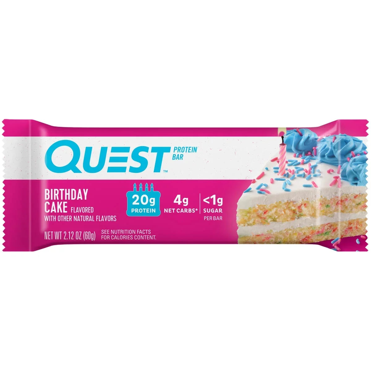 Front package of Quest Protein Bar, Birthday Cake / 1 Bar
