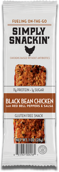 A packaged snack featuring a black bean chicken bar with red bell peppers and salsa, labeled as gluten-free and containing 11 grams of protein, set against a plain background.
