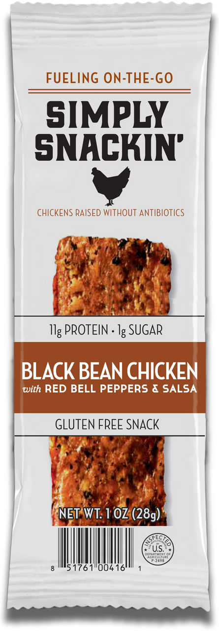 A packaged snack featuring a black bean chicken bar with red bell peppers and salsa, labeled as gluten-free and containing 11 grams of protein, set against a plain background.