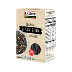 A box of Explore Cuisine Organic Black Bean Spaghetti displays a bowl of cooked spaghetti with colorful vegetables, highlighting its high protein content and nutritional information on the side.