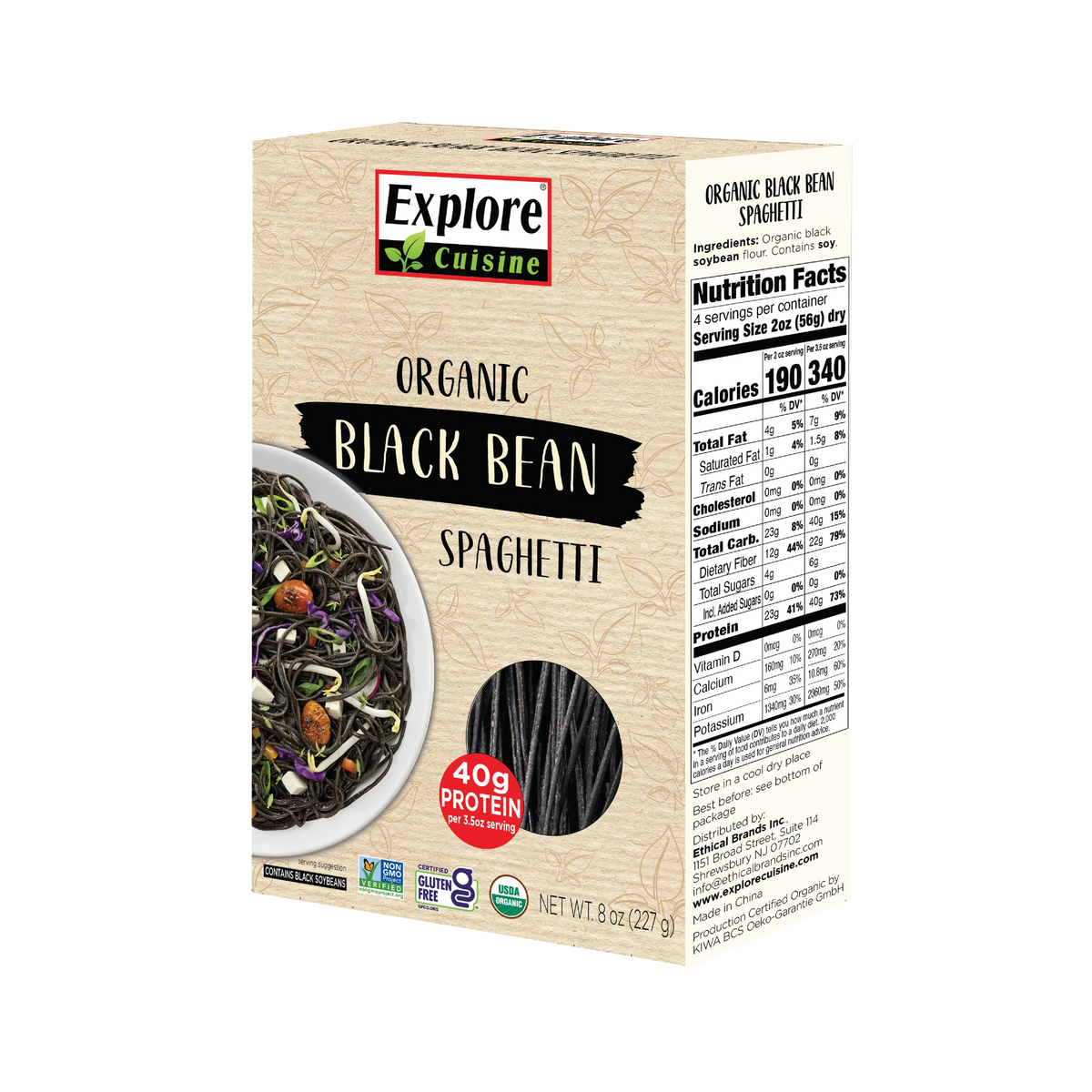 A box of Explore Cuisine Organic Black Bean Spaghetti displays a bowl of cooked spaghetti with colorful vegetables, highlighting its high protein content and nutritional information on the side.