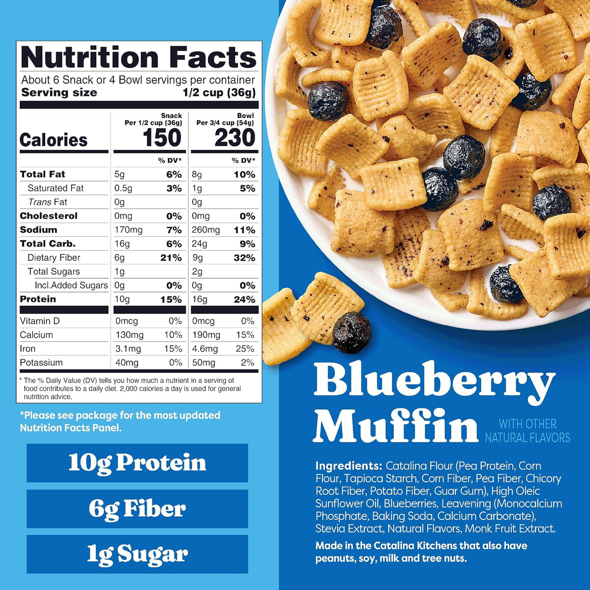 A bowl of blueberry muffin-flavored snack pieces is displayed, featuring a mix of golden squares and dark blueberries, alongside a nutrition facts panel highlighting key ingredients and nutritional information.