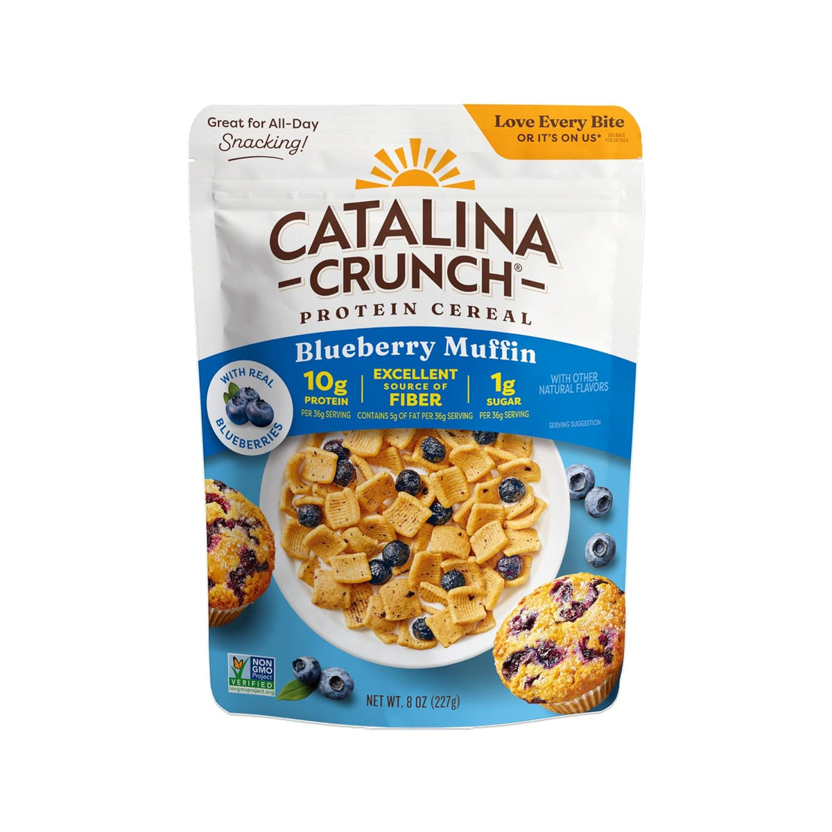 A bag of Catalina Crunch Blueberry Muffin protein cereal features a bowl of cereal with blueberries and a muffin on the side, highlighting its protein content and fiber source.