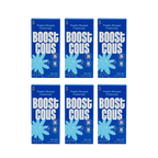 Six boxes of "Boost Cous," a protein-packed couscous product, arranged in two rows, featuring a bright blue design with large white text and floral graphics.