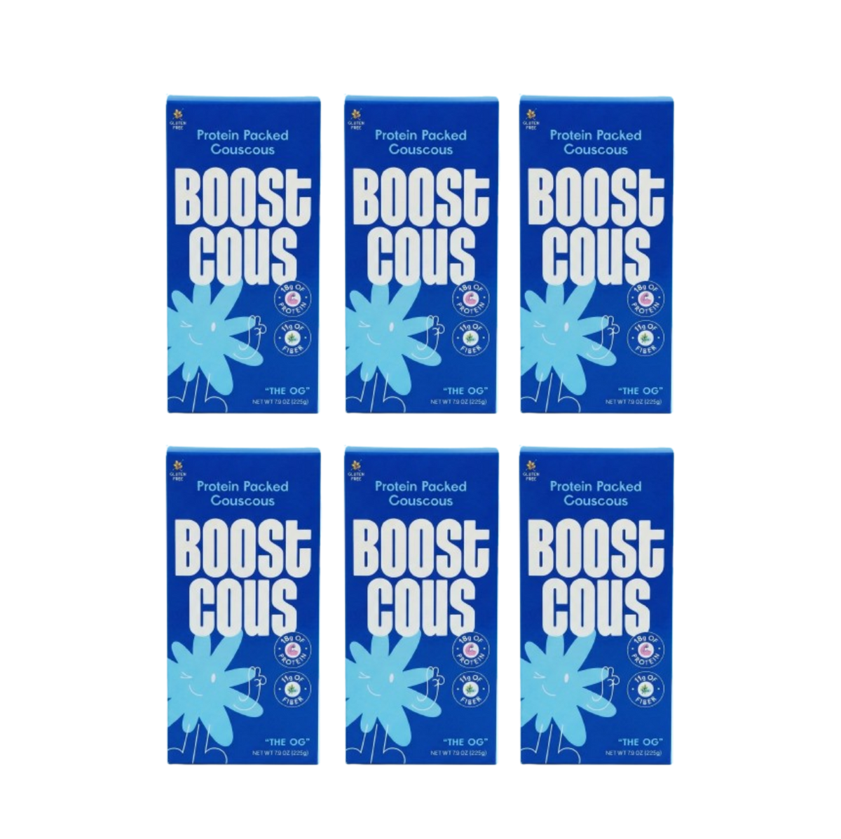 Six boxes of "Boost Cous," a protein-packed couscous product, arranged in two rows, featuring a bright blue design with large white text and floral graphics.