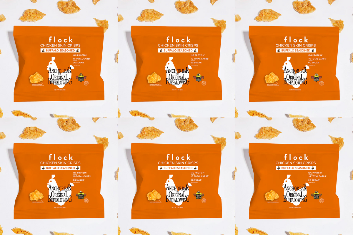 Flock Chicken Skin Crisps, Buffalo / 6-Pack.