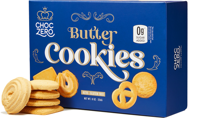 Front package of ChocZero Danish Butter Cookies, 8 oz