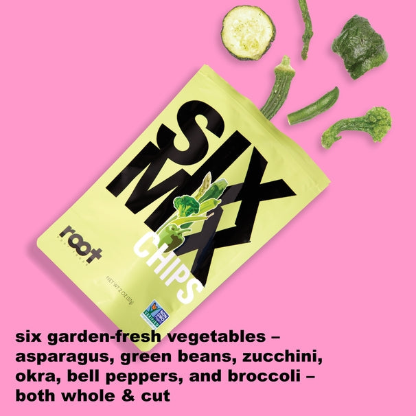 Front package of Root Foods Veggie Chips, Sixmix, 2.5 oz / One Pack