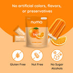 Numa Orange Cream pouch, wrapped taffies, orange, and frozen treat