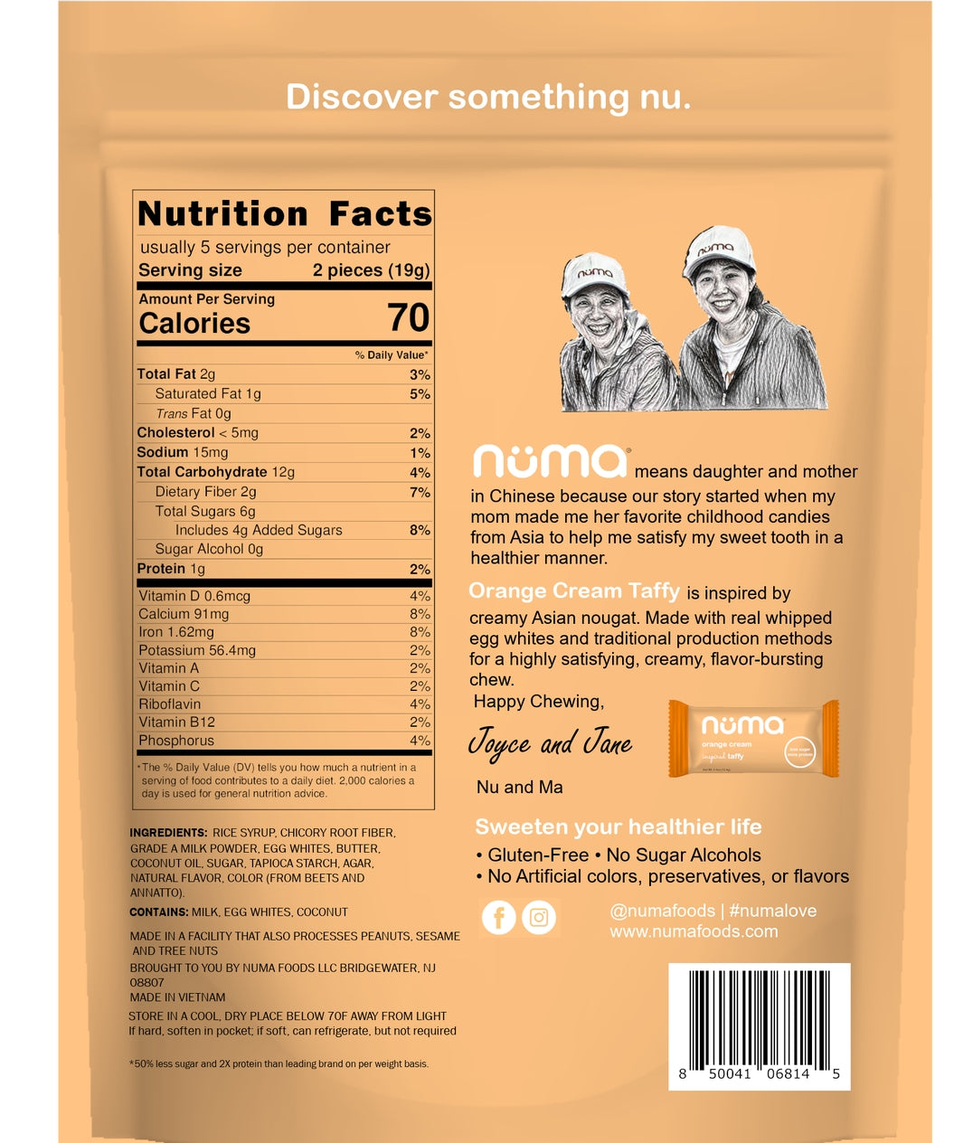 Numa Orange Cream pouch back with Nutrition Facts, ingredients, and allergen information