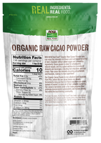 Nutrition facts label for NOW Cacao Powder, Raw, Organic 12 oz