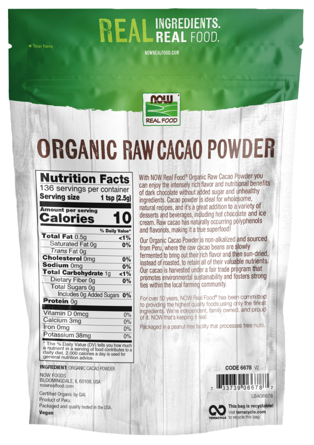 Nutrition facts label for NOW Cacao Powder, Raw, Organic 12 oz