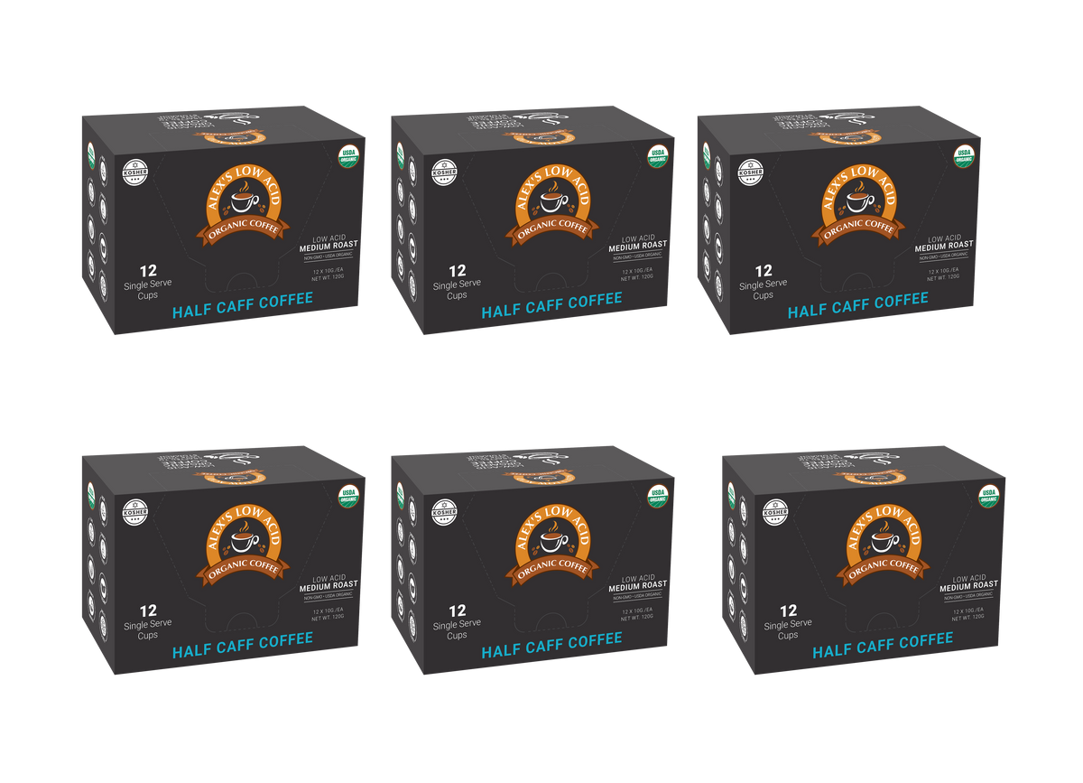 Alex's Low Acid Organic Coffee™ Single Serve Cups - Half Caff
