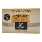 Diet Cappuccino Cheesecake, family 6-pack, includes six 2.5 oz cups (total 15 oz), made with premium ingredients, low carb, reduced fat, gluten-free, and no preservatives, with a spoon included.