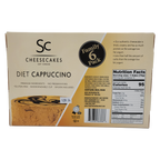 Diet Cappuccino cheesecake in a family 6-pack, featuring a creamy texture, gluten-free ingredients, and a biodegradable cup with a spoon included; contains milk and eggs.