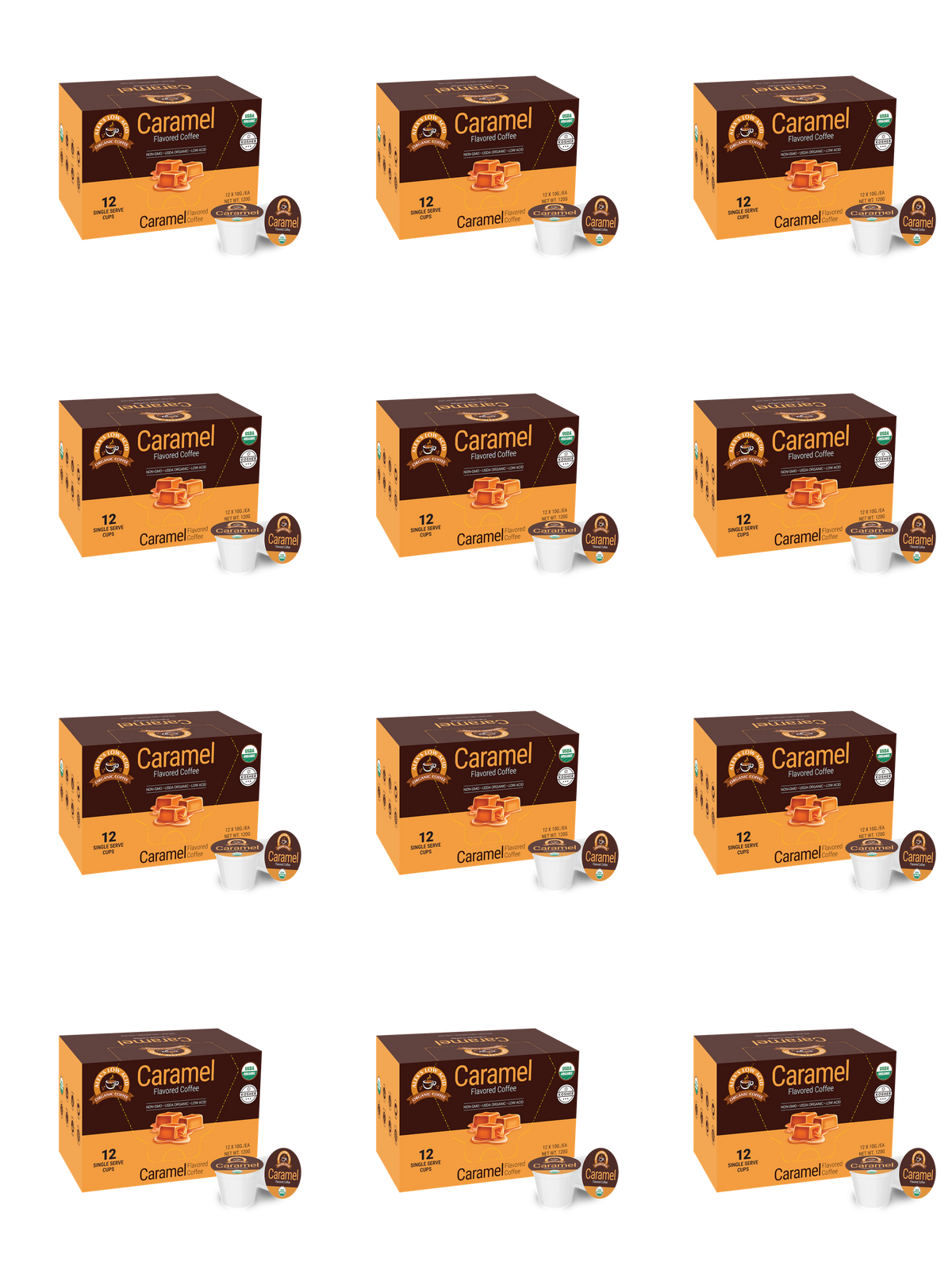 Twelve boxes of caramel-flavored coffee pods are arranged in a grid, each box displaying the flavor and quantity, with a coffee pod visible beside each box.