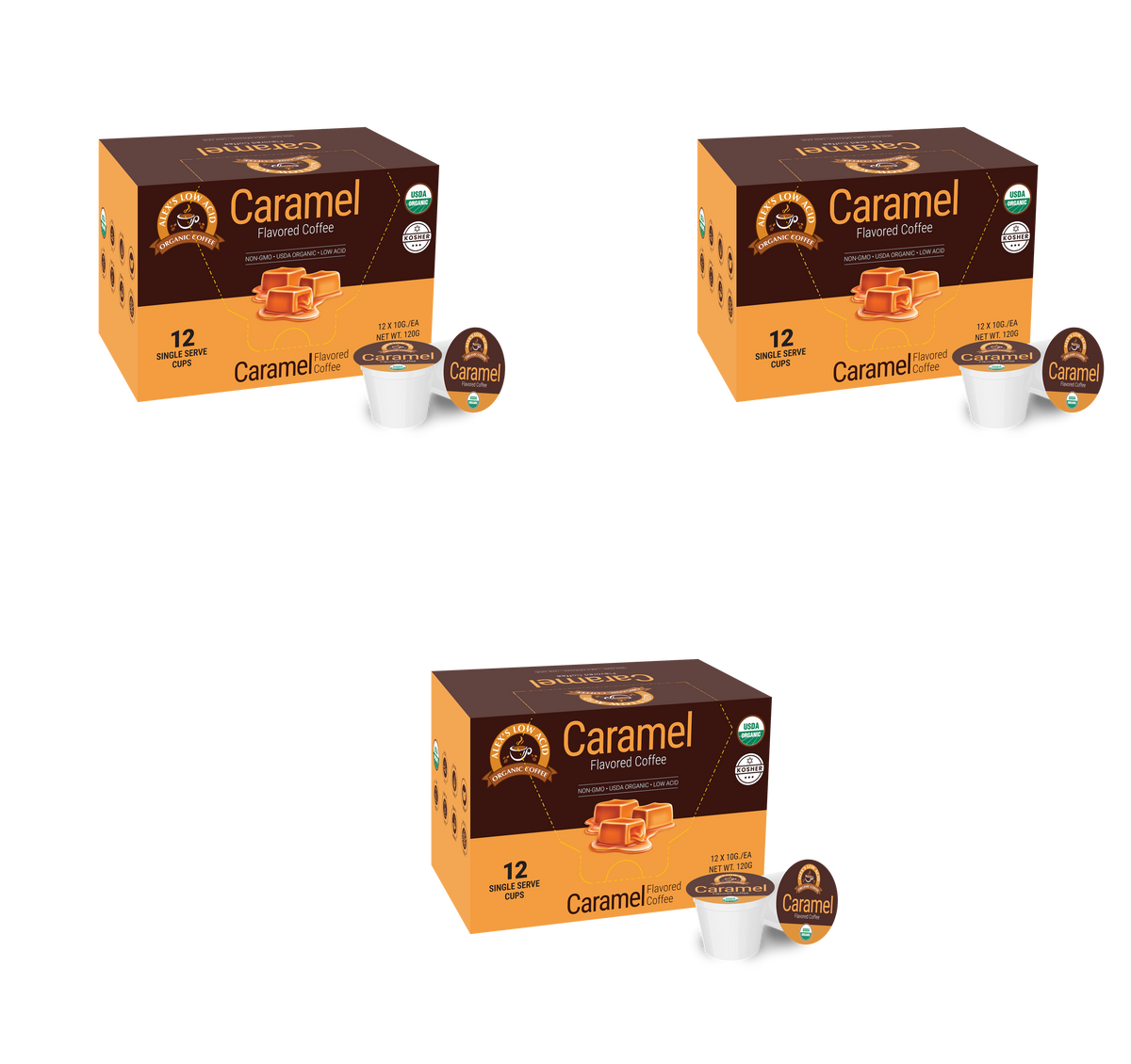 Three boxes of caramel-flavored coffee pods are displayed, each containing 12 single-serve cups, with the packaging prominently featuring the flavor name and a caramel image.