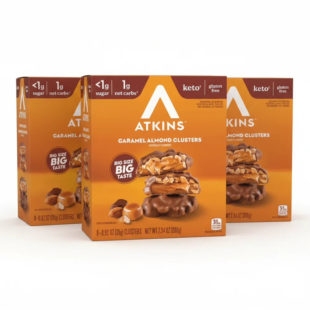 Front package of Atkins Nutritionals Keto Treat 8 pack, Caramel Almond Clusters / 3 Boxes