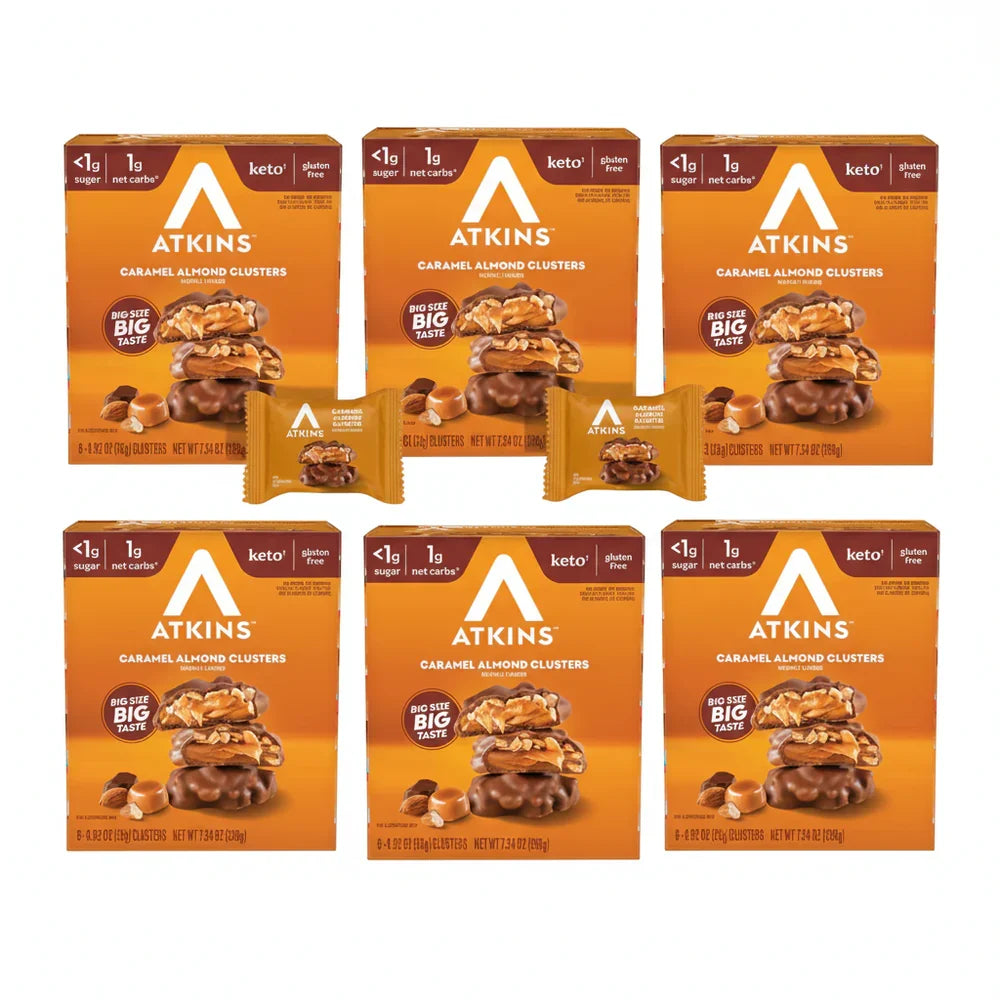 Front package of Atkins Nutritionals Keto Treat 8 pack, Caramel Almond Clusters / 6 Boxes