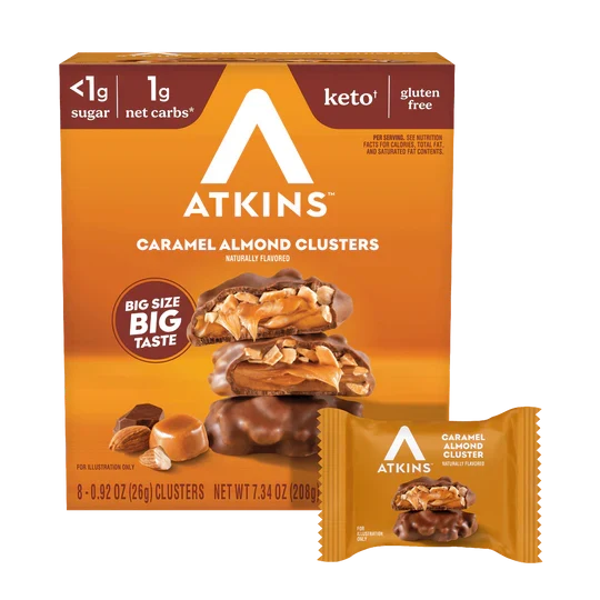 Front package of Atkins Nutritionals Keto Treat 8 pack, Caramel Almond Clusters / One Box