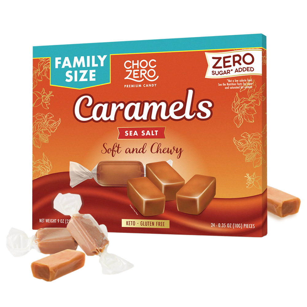 Front package of ChocZero Sea Salt Caramels, 9 oz