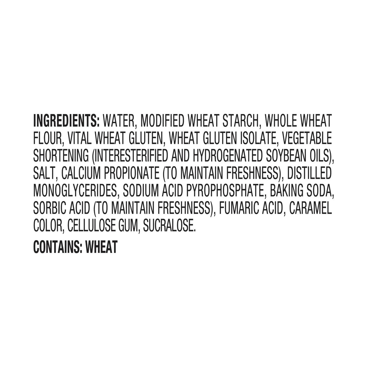 A list of ingredients for a food product, detailing various components such as water, wheat flour, and preservatives, with a note indicating the presence of wheat.