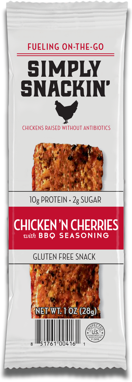 A snack package for Simply Snackin' Chicken 'n Cherries with BBQ seasoning, featuring a textured meat bar, nutritional information, and a gluten-free label, set against a white background.