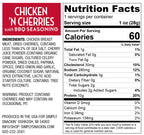 Nutrition facts label for "Chicken 'n Cherries with BBQ Seasoning," detailing ingredients, serving size, and nutritional information, including calories, fats, protein, and minerals.