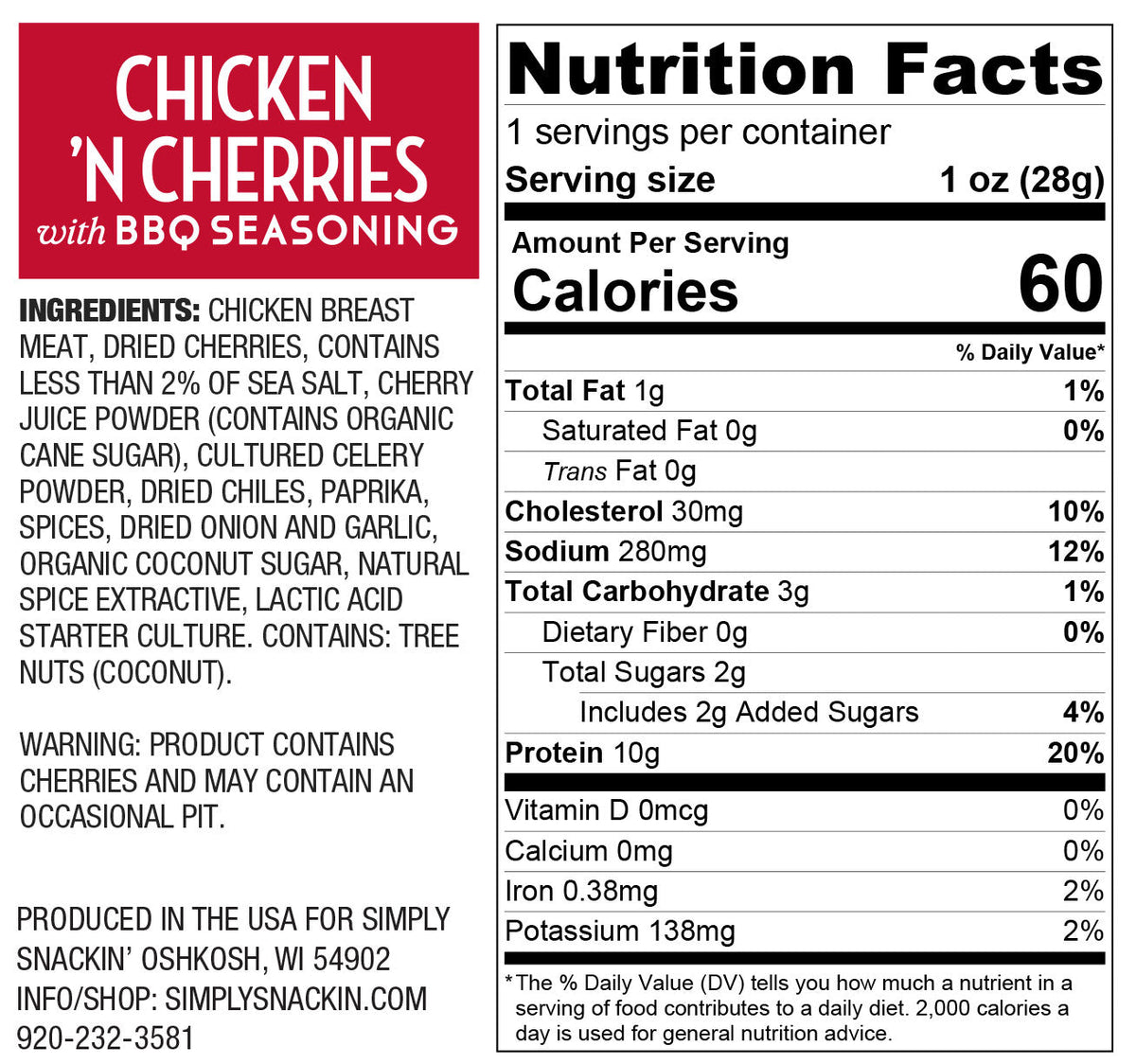 Nutrition facts label for "Chicken 'n Cherries with BBQ Seasoning," detailing ingredients, serving size, and nutritional information, including calories, fats, protein, and minerals.