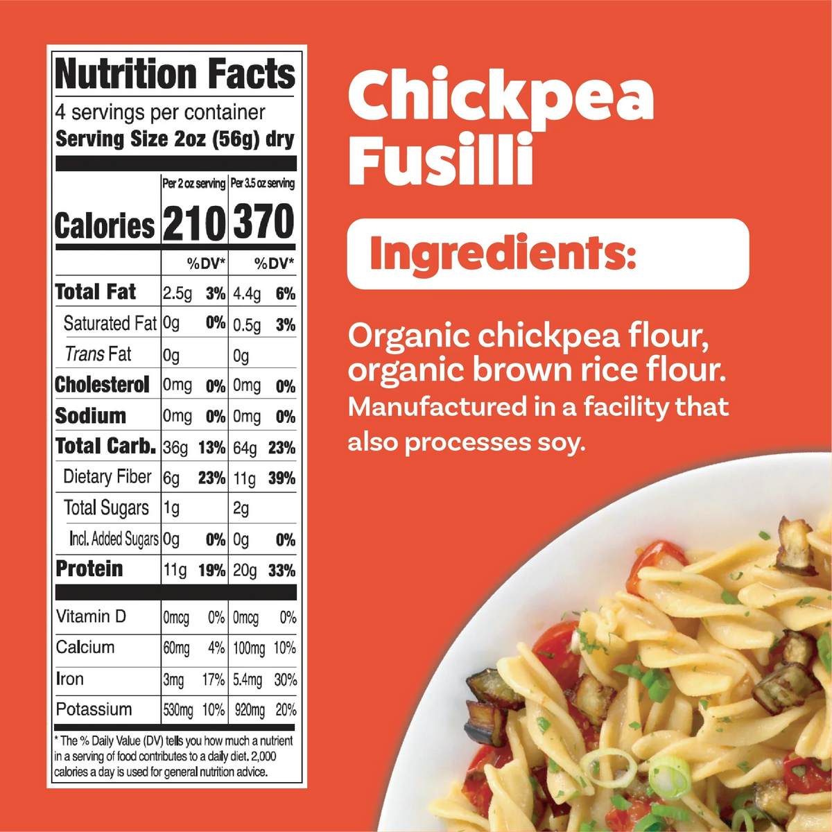 A colorful plate of chickpea fusilli pasta mixed with vegetables sits beside a nutrition facts label detailing ingredients and serving information, highlighting organic chickpea and brown rice flour.