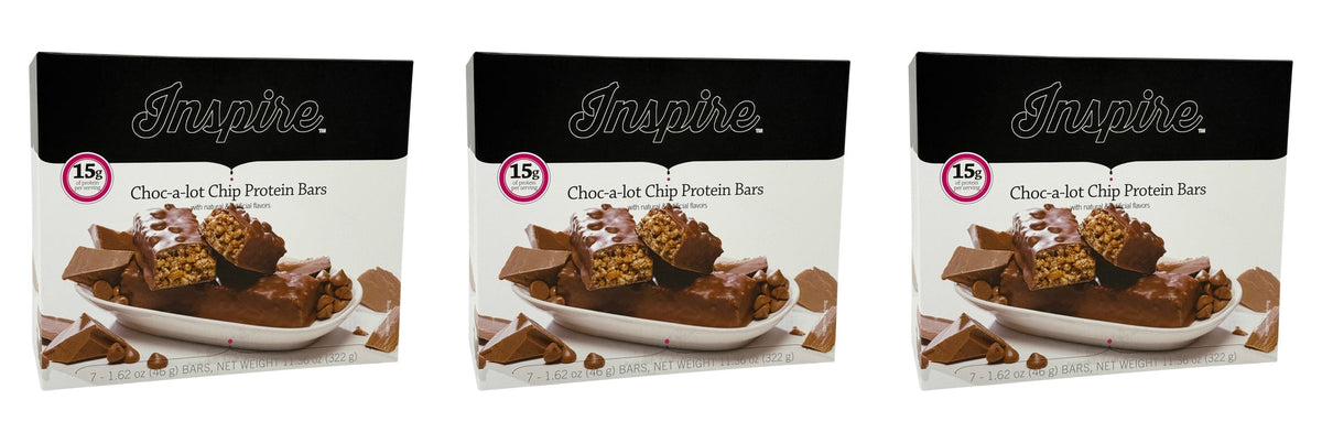 Three boxes of Inspire Choc-a-lot Chip Protein Bars are displayed, each featuring a chocolate-covered protein bar with a crunchy filling and chocolate pieces surrounding a white plate.