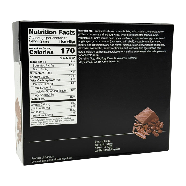 A nutrition facts label on a protein bar package displays serving size, calories, and ingredients, with an image of chocolate pieces and cocoa beans in the lower right corner.