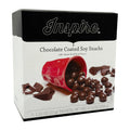 A red cup spills chocolate-coated soy snacks onto a white background, with chocolate pieces scattered nearby, showcasing the product titled "Inspire Chocolate Coated Soy Snacks."
