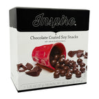 A red cup spills chocolate-coated soy snacks onto a white background, with chocolate pieces scattered nearby, showcasing the product titled "Inspire Chocolate Coated Soy Snacks."