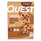 A box of Quest Minis chocolate chip cookie dough protein bars displays 14 individually wrapped bars, highlighting their low sugar and high protein content with images of the bars and cookie dough.