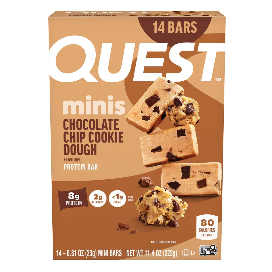 A box of Quest Minis chocolate chip cookie dough protein bars displays 14 individually wrapped bars, highlighting their low sugar and high protein content with images of the bars and cookie dough.