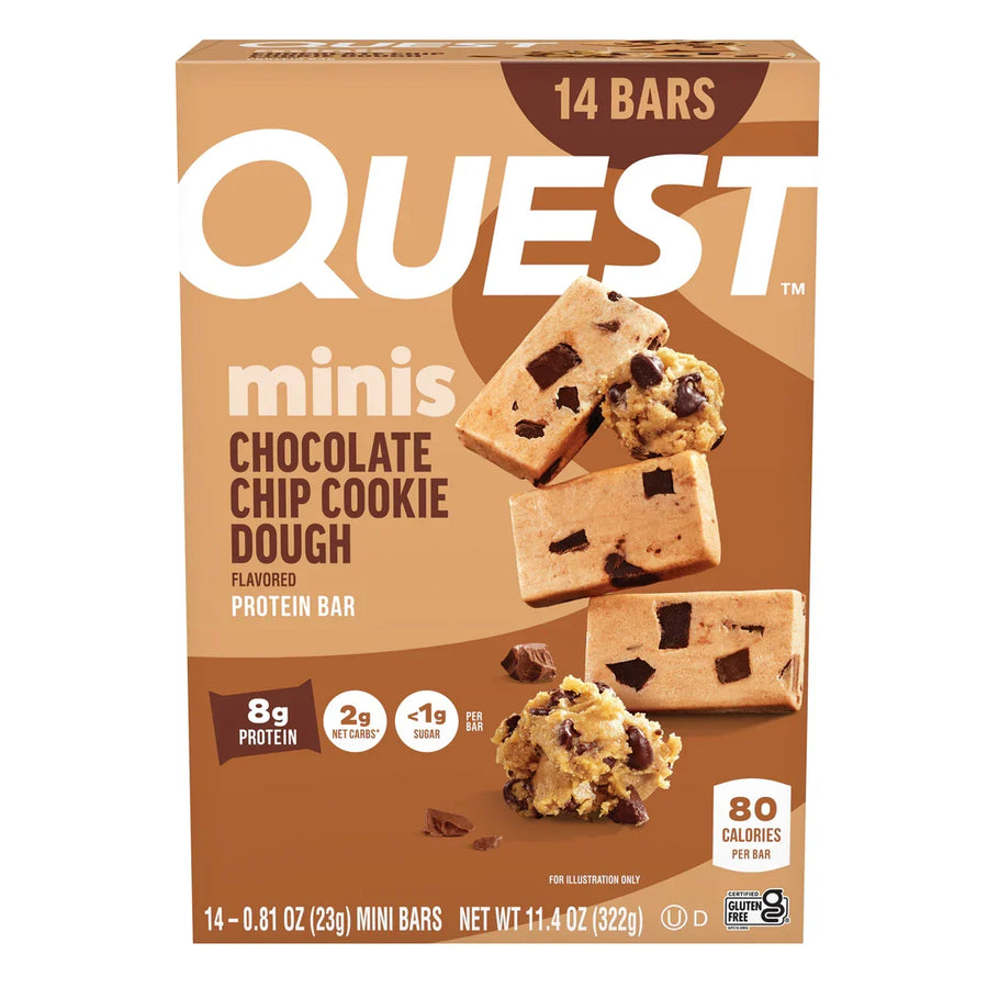 A box of Quest Minis chocolate chip cookie dough protein bars displays 14 individually wrapped bars, highlighting their low sugar and high protein content with images of the bars and cookie dough.